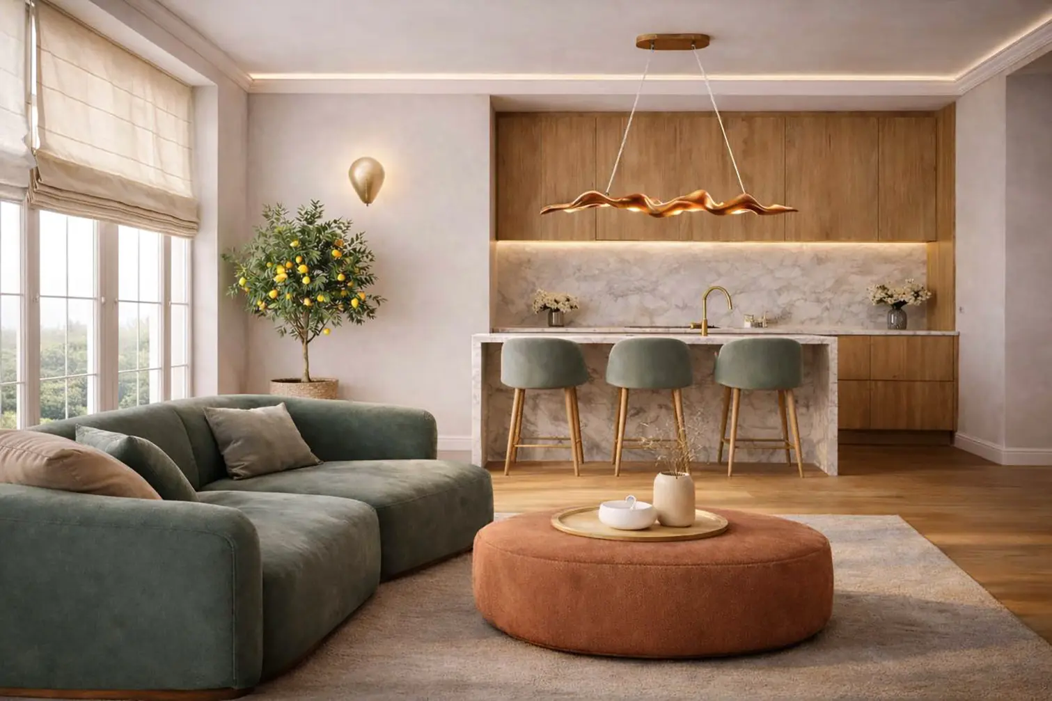 Interior scene — kitchen & living